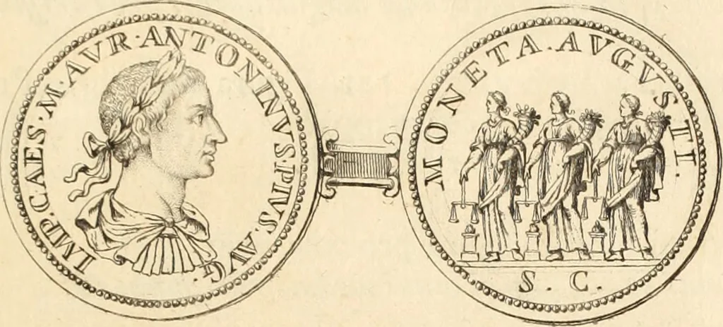 An illustration from Numismata imperatorum romanorum praestantiora a Julio Caesare ad Postumum usque per Joannem Vaillant, 1743, leaf 180