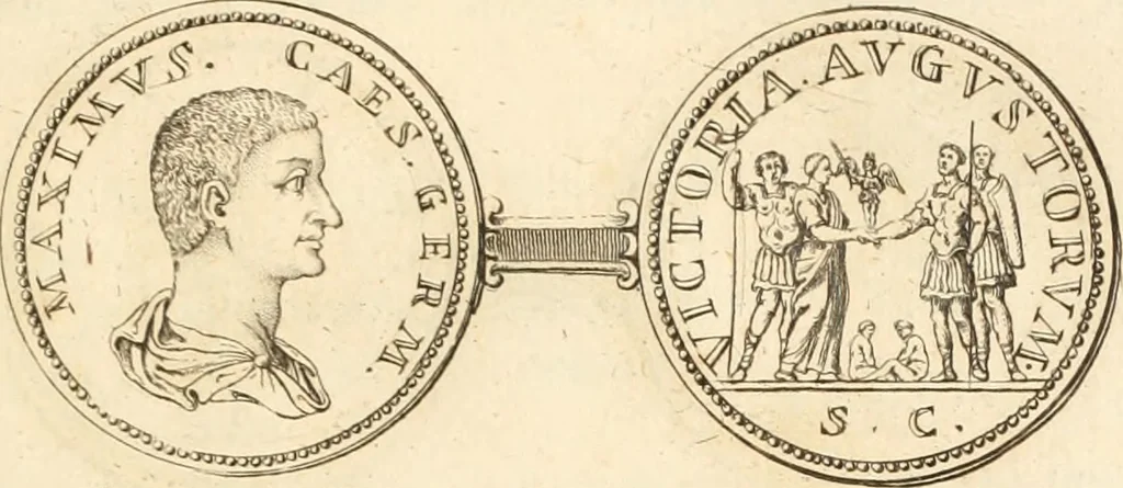 An illustration from Numismata imperatorum romanorum praestantiora a Julio Caesare ad Postumum usque per Joannem Vaillant, 1743, leaf 196