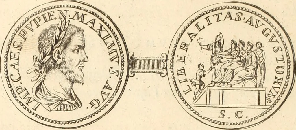 An illustration from Numismata imperatorum romanorum praestantiora a Julio Caesare ad Postumum usque per Joannem Vaillant, 1743, leaf 203
