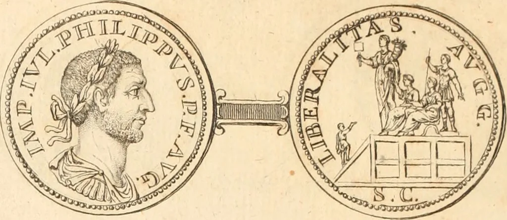 An illustration from Numismata imperatorum romanorum praestantiora a Julio Caesare ad Postumum usque per Joannem Vaillant, 1743, leaf 209