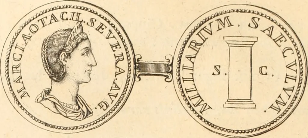 An illustration from Numismata imperatorum romanorum praestantiora a Julio Caesare ad Postumum usque per Joannem Vaillant, 1743, leaf 211