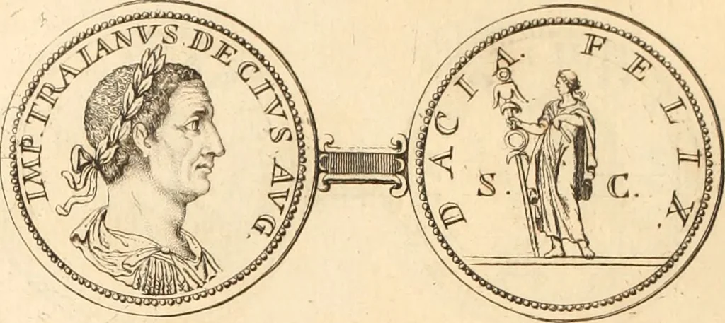 An illustration from Numismata imperatorum romanorum praestantiora a Julio Caesare ad Postumum usque per Joannem Vaillant, 1743, leaf 213