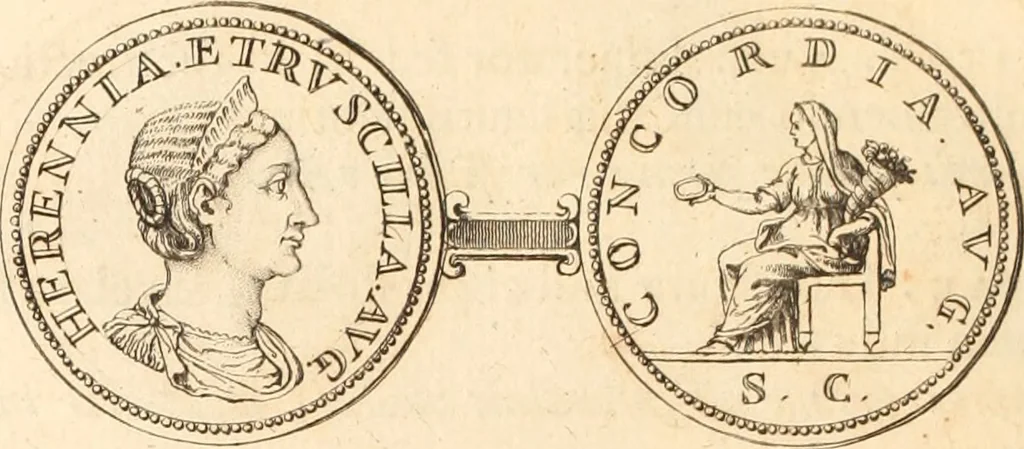An illustration from Numismata imperatorum romanorum praestantiora a Julio Caesare ad Postumum usque per Joannem Vaillant, 1743, leaf 215