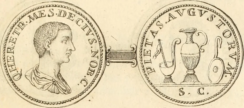 An illustration from Numismata imperatorum romanorum praestantiora a Julio Caesare ad Postumum usque per Joannem Vaillant, 1743, leaf 216