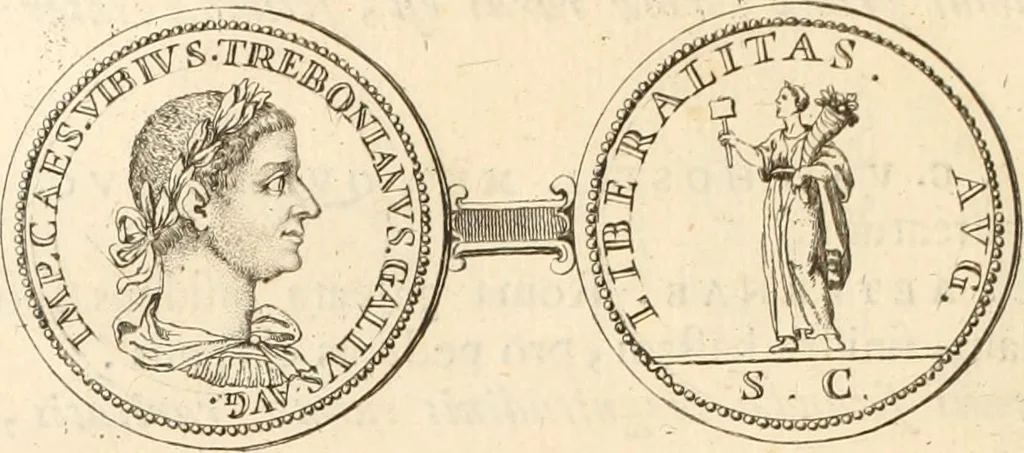 An illustration from Numismata imperatorum romanorum praestantiora a Julio Caesare ad Postumum usque per Joannem Vaillant, 1743, leaf 219