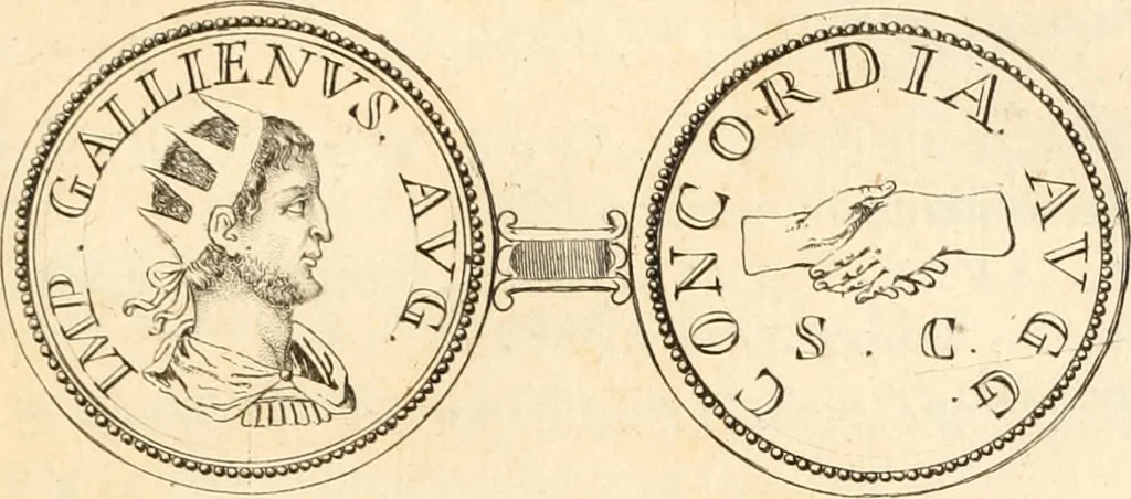 An illustration from Numismata imperatorum romanorum praestantiora a Julio Caesare ad Postumum usque per Joannem Vaillant, 1743, leaf 230