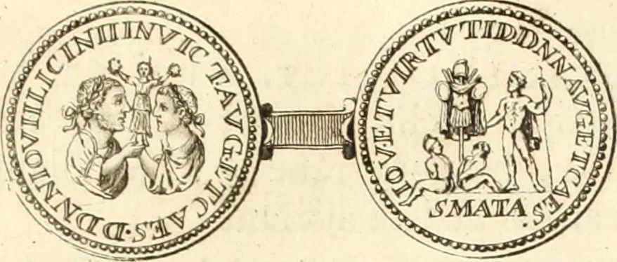 An illustration from Numismata imperatorum romanorum praestantiora a Julio Caesare ad Postumum usque per Joannem Vaillant, 1743, leaf 332