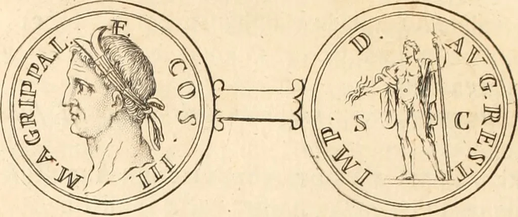 An illustration from Numismata imperatorum romanorum praestantiora a Julio Caesare ad Postumum usque per Joannem Vaillant, 1743, leaf 51