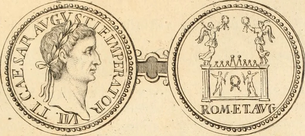 An illustration from Numismata imperatorum romanorum praestantiora a Julio Caesare ad Postumum usque per Joannem Vaillant, 1743, leaf 54
