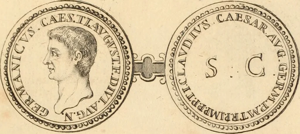 An illustration from Numismata imperatorum romanorum praestantiora a Julio Caesare ad Postumum usque per Joannem Vaillant, 1743, leaf 60