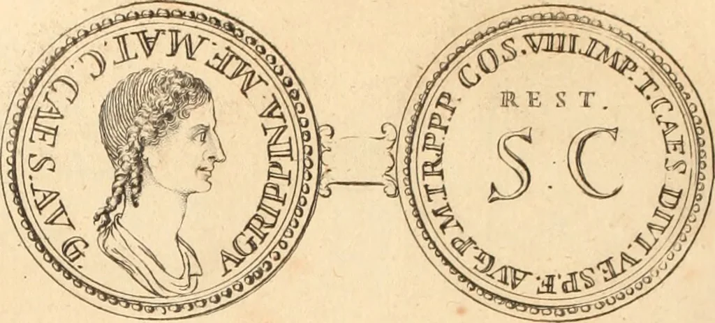 An illustration from Numismata imperatorum romanorum praestantiora a Julio Caesare ad Postumum usque per Joannem Vaillant, 1743, leaf 61