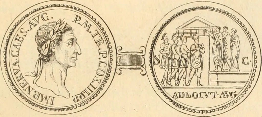 An illustration from Numismata imperatorum romanorum praestantiora a Julio Caesare ad Postumum usque per Joannem Vaillant, 1743, leaf 90