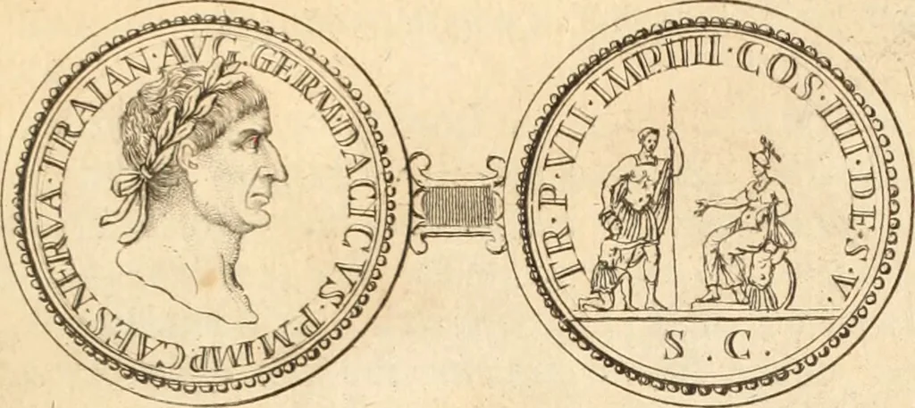 An illustration from Numismata imperatorum romanorum praestantiora a Julio Caesare ad Postumum usque per Joannem Vaillant, 1743, leaf 92