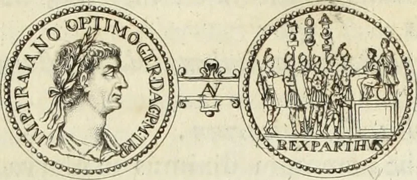 An illustration from Numismata imperatorum romanorum praestantiora a Julio Caesare ad Postumum usque per Joannem Vaillant, 1743, leaf 128