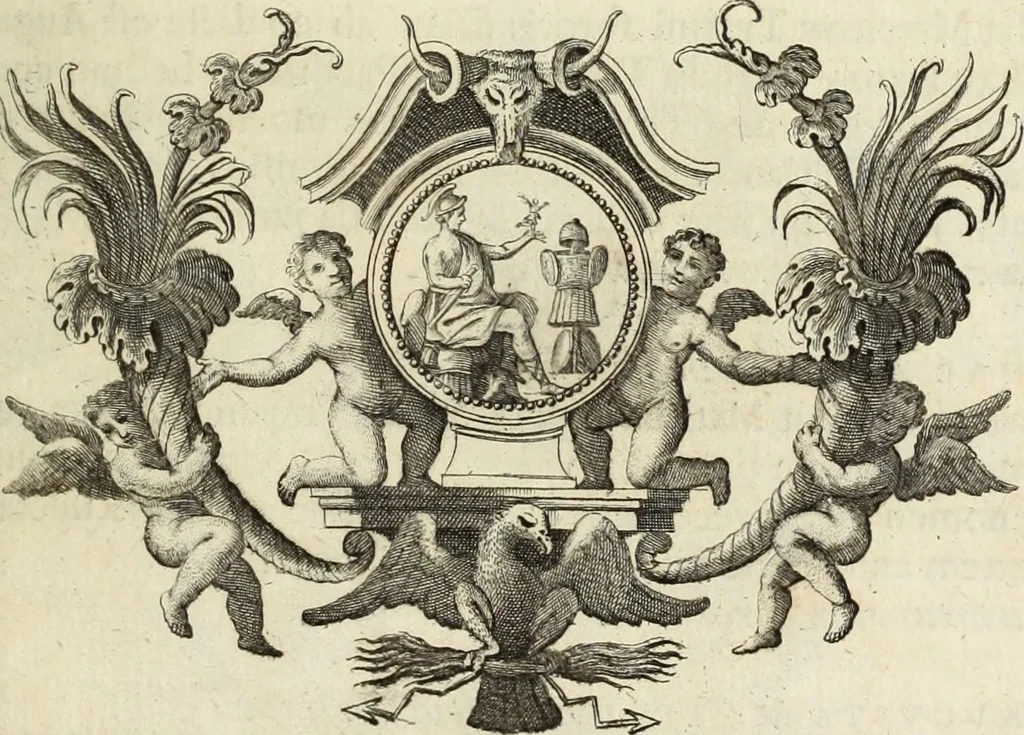 An illustration from Numismata imperatorum romanorum praestantiora a Julio Caesare ad Postumum usque per Joannem Vaillant, 1743, leaf 144