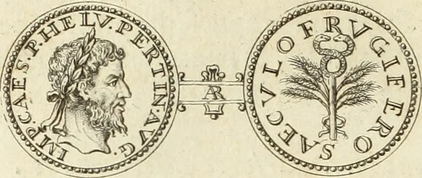 An illustration from Numismata imperatorum romanorum praestantiora a Julio Caesare ad Postumum usque per Joannem Vaillant, 1743, leaf 205