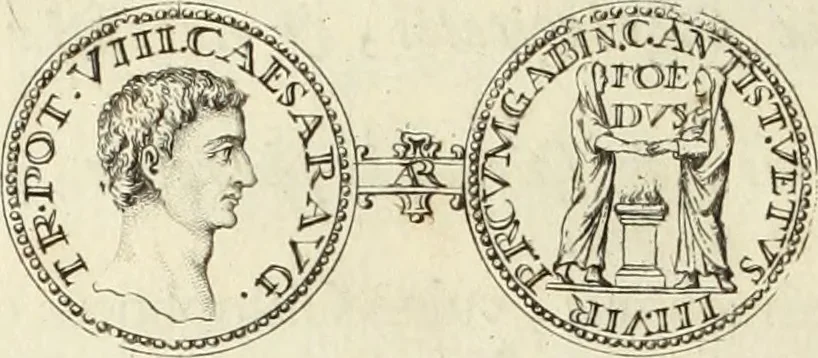 An illustration from Numismata imperatorum romanorum praestantiora a Julio Caesare ad Postumum usque per Joannem Vaillant, 1743, leaf 27