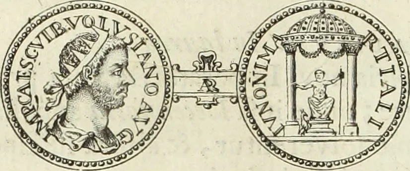 An illustration from Numismata imperatorum romanorum praestantiora a Julio Caesare ad Postumum usque per Joannem Vaillant, 1743, leaf 347