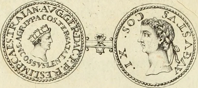 An illustration from Numismata imperatorum romanorum praestantiora a Julio Caesare ad Postumum usque per Joannem Vaillant, 1743, leaf 49