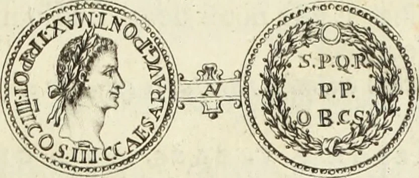 An illustration from Numismata imperatorum romanorum praestantiora a Julio Caesare ad Postumum usque per Joannem Vaillant, 1743, leaf 60