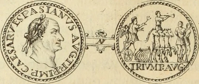 An illustration from Numismata imperatorum romanorum praestantiora a Julio Caesare ad Postumum usque per Joannem Vaillant, 1743, leaf 95