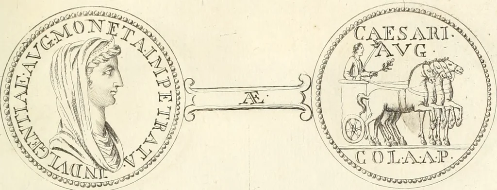 An illustration from Numismata imperatorum romanorum praestantiora a Julio Caesare ad Postumum usque per Joannem Vaillant, 1743, leaf 114