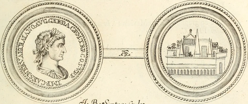 An illustration from Numismata imperatorum romanorum praestantiora a Julio Caesare ad Postumum usque per Joannem Vaillant, 1743, leaf 124