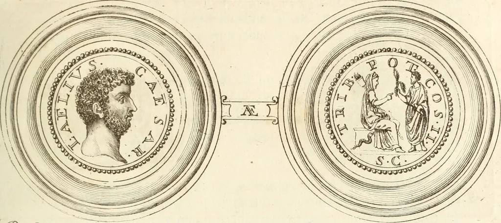 An illustration from Numismata imperatorum romanorum praestantiora a Julio Caesare ad Postumum usque per Joannem Vaillant, 1743, leaf 132