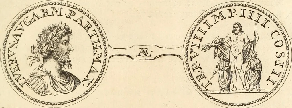 An illustration from Numismata imperatorum romanorum praestantiora a Julio Caesare ad Postumum usque per Joannem Vaillant, 1743, leaf 154