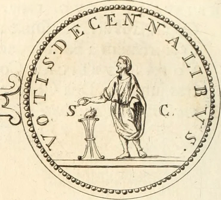 An illustration from Numismata imperatorum romanorum praestantiora a Julio Caesare ad Postumum usque per Joannem Vaillant, 1743, leaf 171