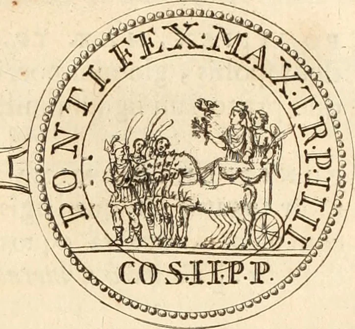 An illustration from Numismata imperatorum romanorum praestantiora a Julio Caesare ad Postumum usque per Joannem Vaillant, 1743, leaf 192