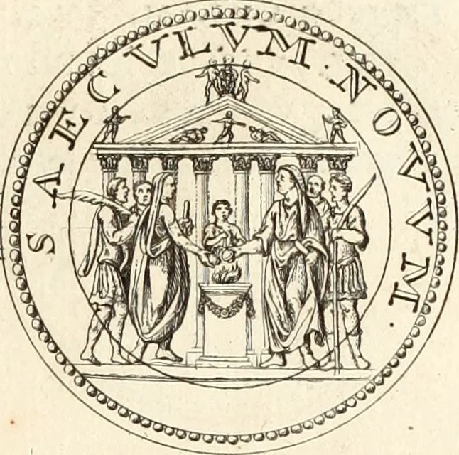 An illustration from Numismata imperatorum romanorum praestantiora a Julio Caesare ad Postumum usque per Joannem Vaillant, 1743, leaf 202