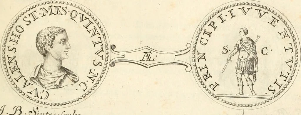 An illustration from Numismata imperatorum romanorum praestantiora a Julio Caesare ad Postumum usque per Joannem Vaillant, 1743, leaf 206