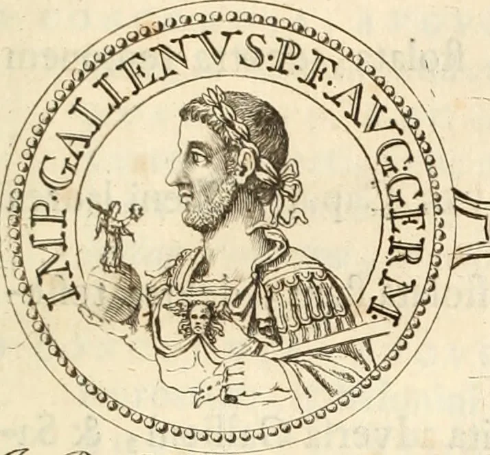 An illustration from Numismata imperatorum romanorum praestantiora a Julio Caesare ad Postumum usque per Joannem Vaillant, 1743, leaf 214