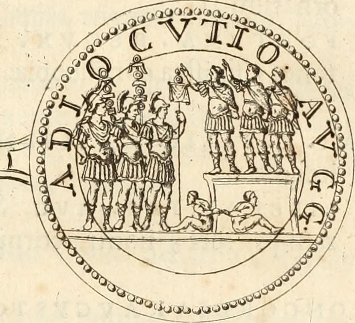 An illustration from Numismata imperatorum romanorum praestantiora a Julio Caesare ad Postumum usque per Joannem Vaillant, 1743, leaf 214