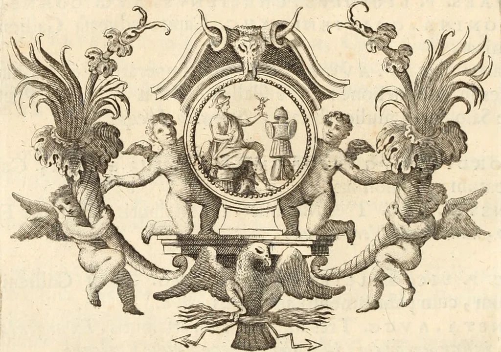 An illustration from Numismata imperatorum romanorum praestantiora a Julio Caesare ad Postumum usque per Joannem Vaillant, 1743, leaf 217