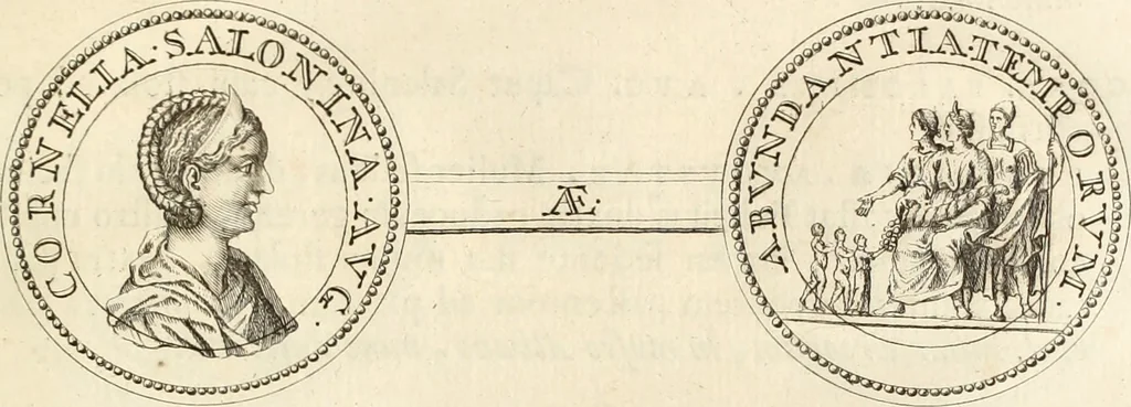 An illustration from Numismata imperatorum romanorum praestantiora a Julio Caesare ad Postumum usque per Joannem Vaillant, 1743, leaf 218