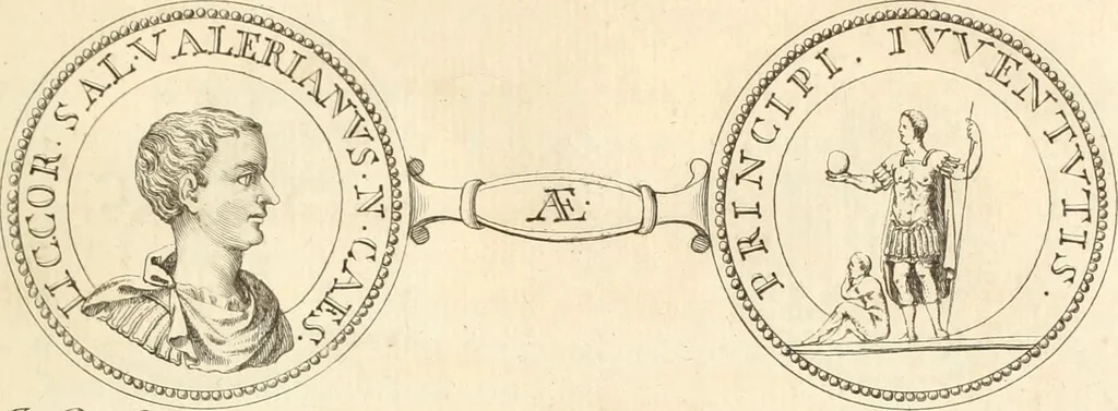 An illustration from Numismata imperatorum romanorum praestantiora a Julio Caesare ad Postumum usque per Joannem Vaillant, 1743, leaf 220
