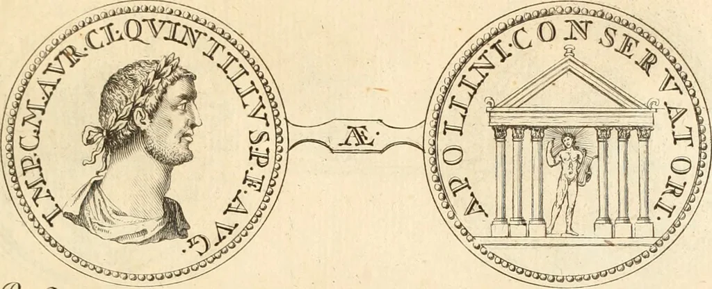 An illustration from Numismata imperatorum romanorum praestantiora a Julio Caesare ad Postumum usque per Joannem Vaillant, 1743, leaf 224
