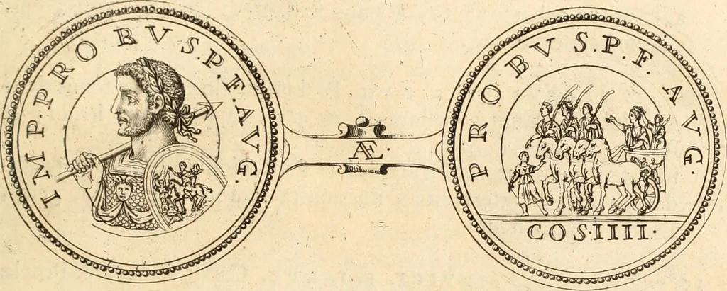 An illustration from Numismata imperatorum romanorum praestantiora a Julio Caesare ad Postumum usque per Joannem Vaillant, 1743, leaf 228