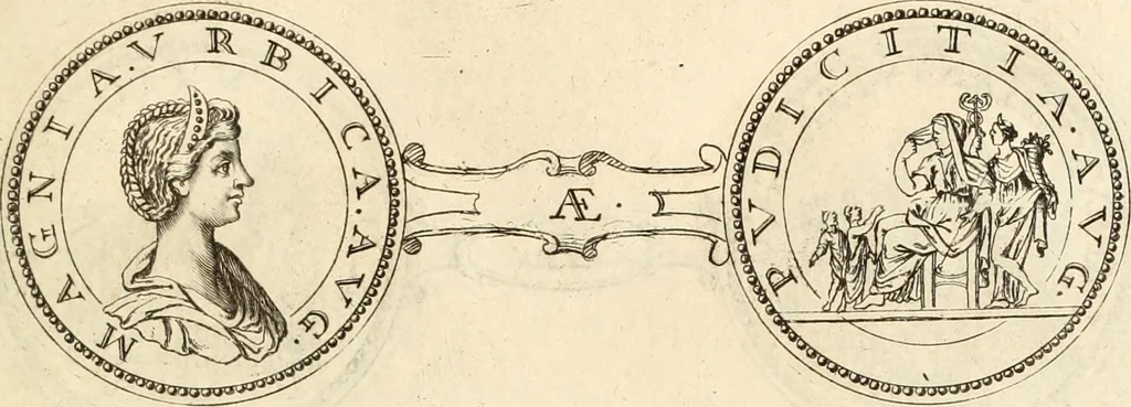 An illustration from Numismata imperatorum romanorum praestantiora a Julio Caesare ad Postumum usque per Joannem Vaillant, 1743, leaf 232