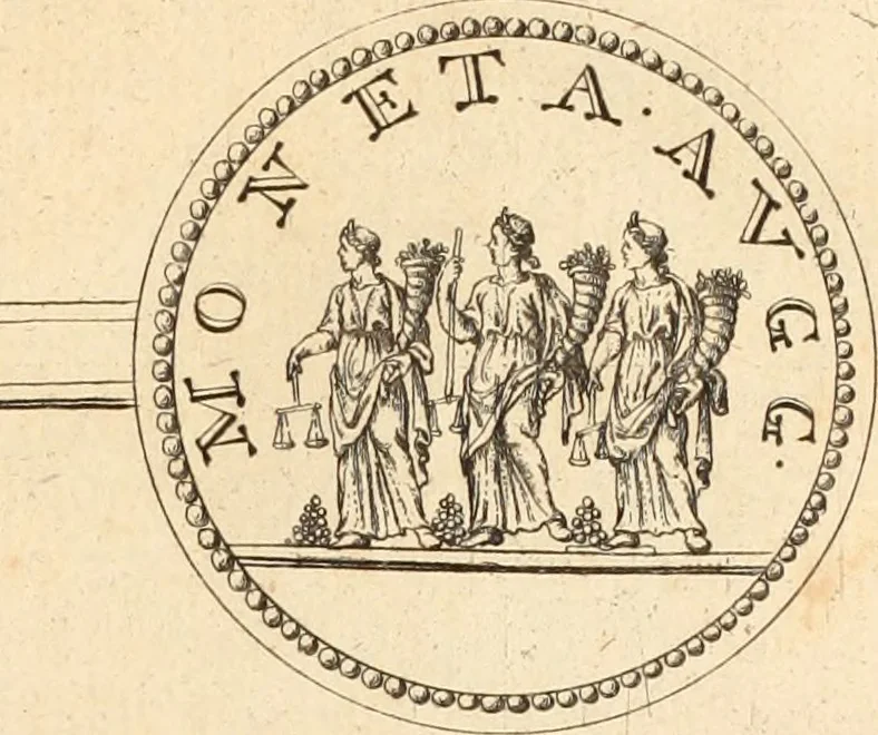 An illustration from Numismata imperatorum romanorum praestantiora a Julio Caesare ad Postumum usque per Joannem Vaillant, 1743, leaf 244