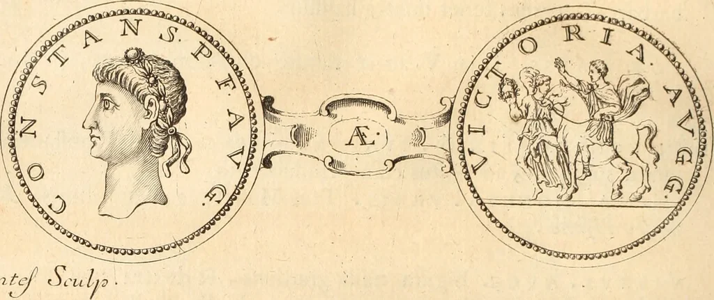 An illustration from Numismata imperatorum romanorum praestantiora a Julio Caesare ad Postumum usque per Joannem Vaillant, 1743, leaf 255