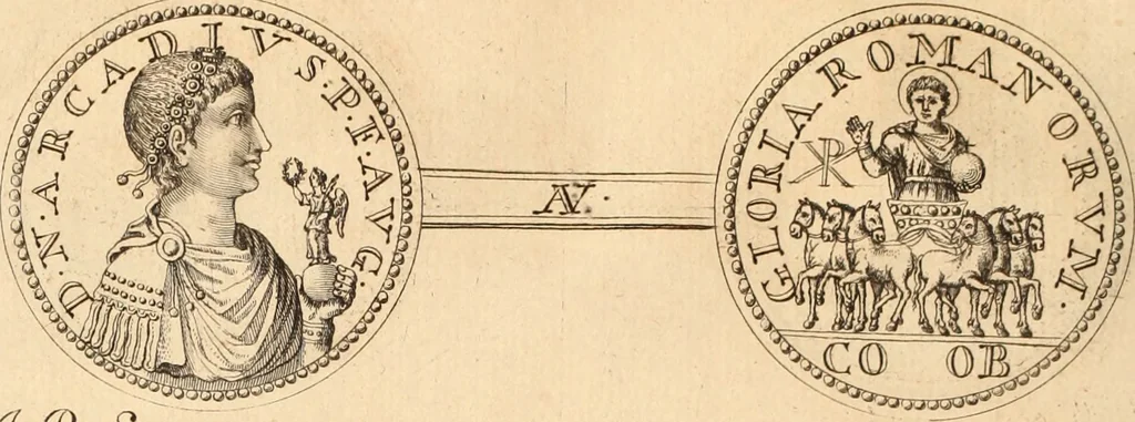 An illustration from Numismata imperatorum romanorum praestantiora a Julio Caesare ad Postumum usque per Joannem Vaillant, 1743, leaf 273