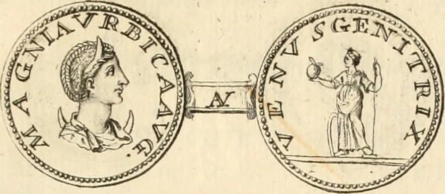 An illustration from Numismata imperatorum romanorum praestantiora a Julio Caesare ad Postumum usque per Joannem Vaillant, 1743, leaf 52