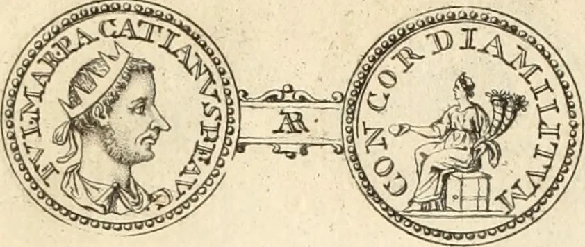 An illustration from Numismata imperatorum romanorum praestantiora a Julio Caesare ad Postumum usque per Joannem Vaillant, 1743, leaf 58