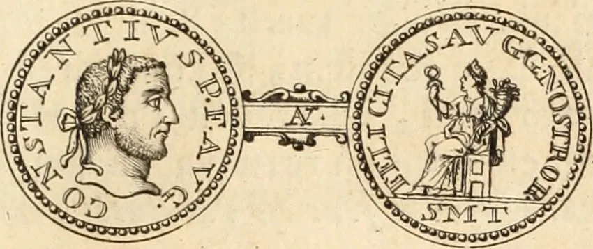 An illustration from Numismata imperatorum romanorum praestantiora a Julio Caesare ad Postumum usque per Joannem Vaillant, 1743, leaf 72