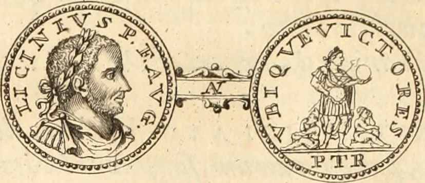 An illustration from Numismata imperatorum romanorum praestantiora a Julio Caesare ad Postumum usque per Joannem Vaillant, 1743, leaf 89