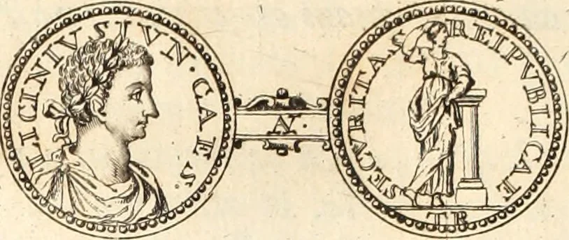 An illustration from Numismata imperatorum romanorum praestantiora a Julio Caesare ad Postumum usque per Joannem Vaillant, 1743, leaf 93