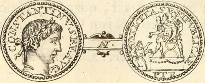 An illustration from Numismata imperatorum romanorum praestantiora a Julio Caesare ad Postumum usque per Joannem Vaillant, 1743, leaf 95